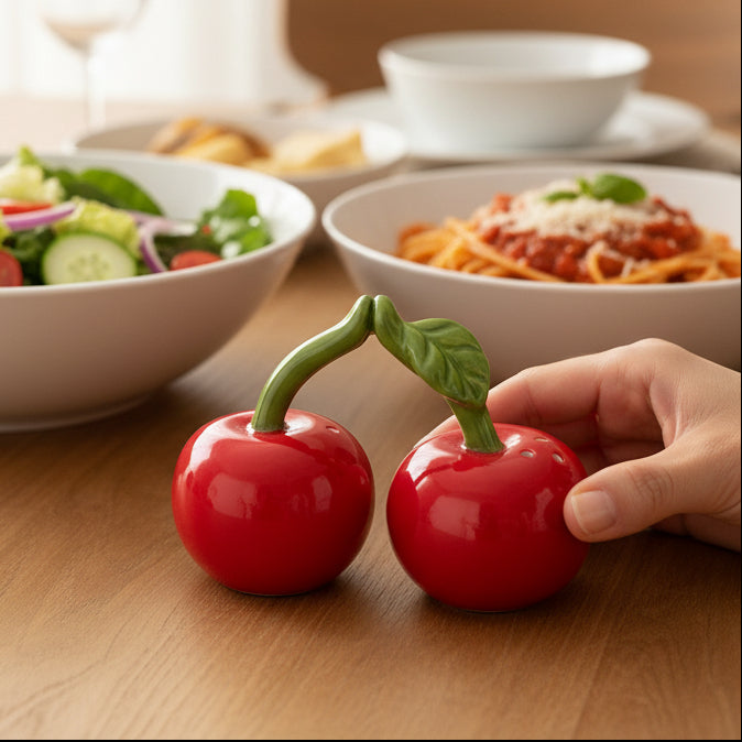 Cherry salt and pepper shakers on wooden table with pasta dish
