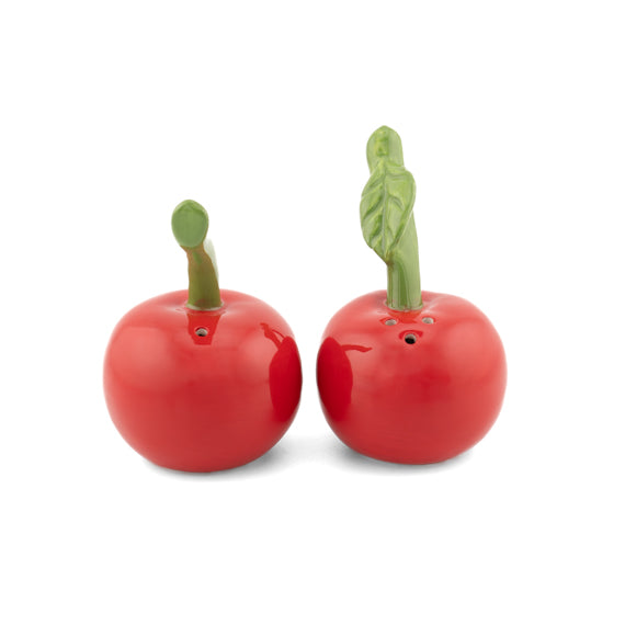 Pair of red ceramic cherry salt and pepper shakers with green stems