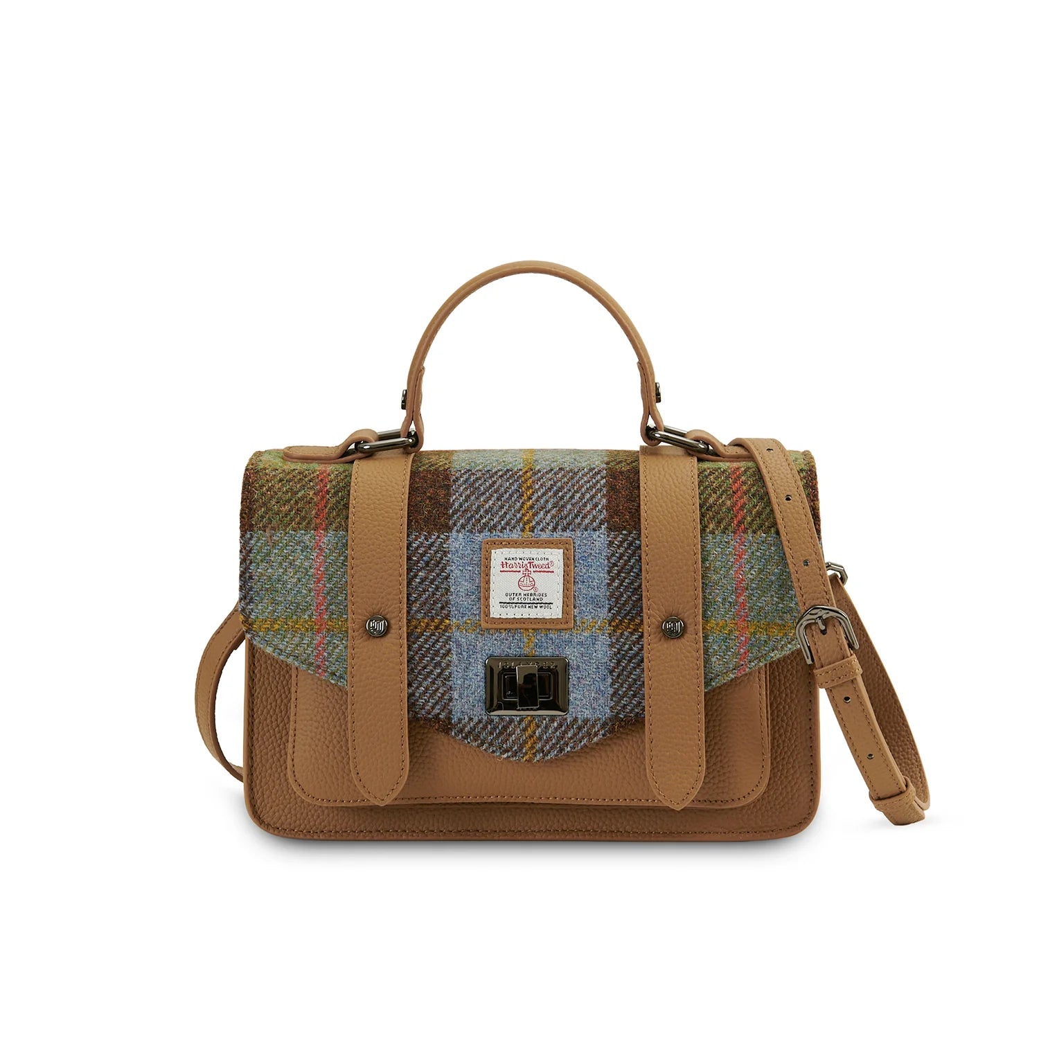 Chestnut and blue Harris Tweed medium leather satchel with adjustable shoulder strap.