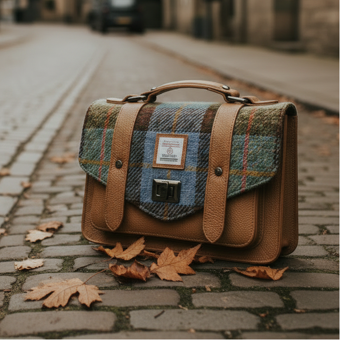Chestnut and blue tartan Harris Tweed medium leather satchel front view with top handle.