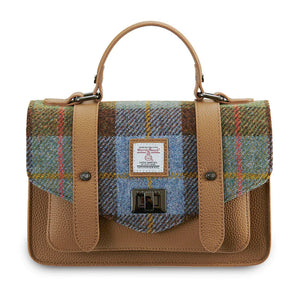 Chestnut and blue tartan Harris Tweed medium leather satchel front view with top handle.