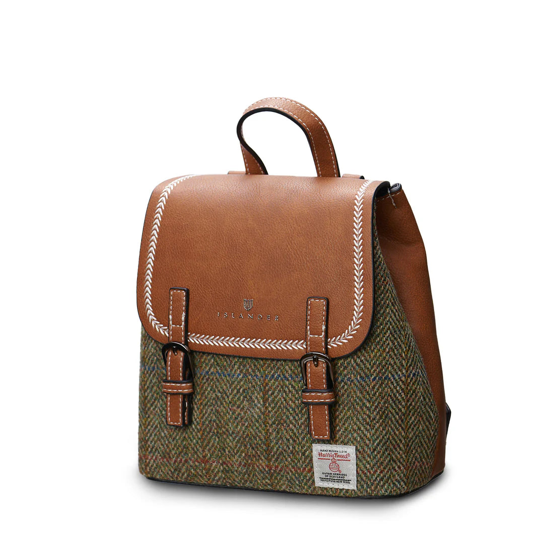 Angled view of Chestnut Herringbone Harris Tweed Mini Jura backpack with buckle detail.