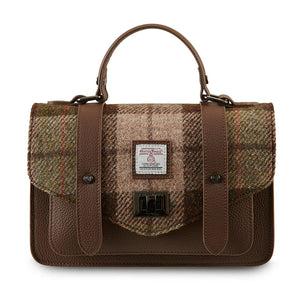 Chestnut tartan Harris Tweed medium leather satchel front view with top handle.
