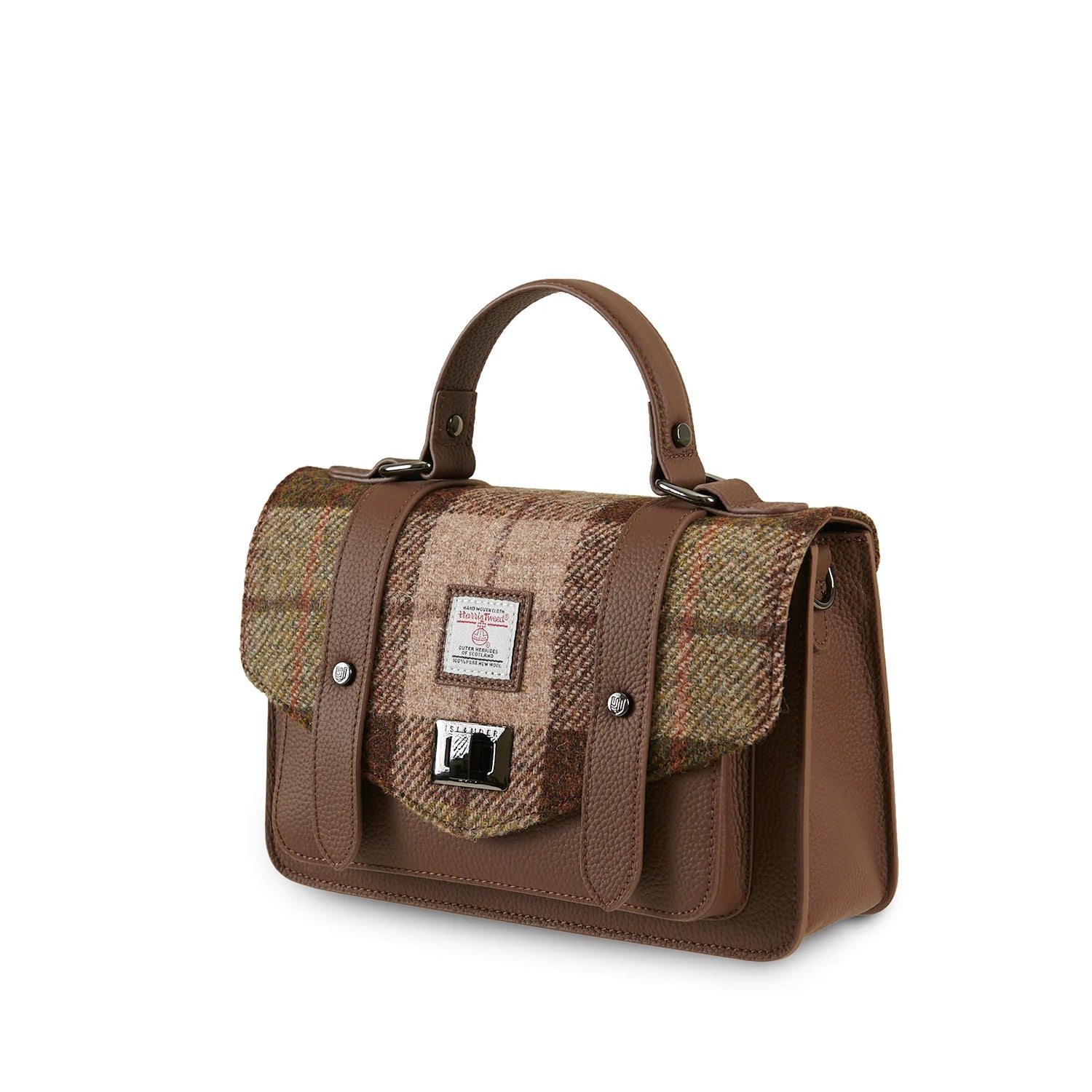 Angled front view of chestnut tartan Harris Tweed medium leather satchel.