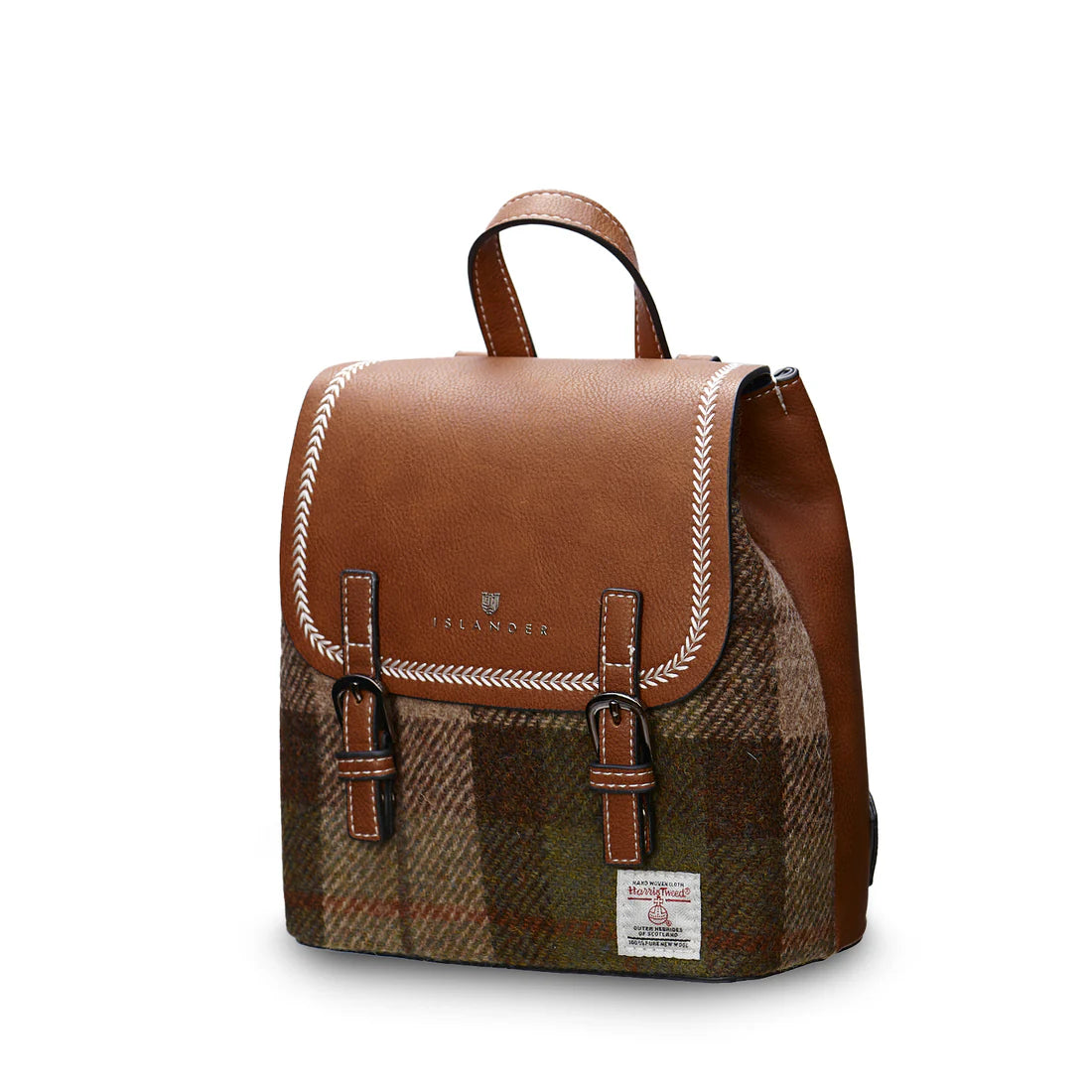 Angled view of Chestnut Tartan Harris Tweed Mini Jura backpack with buckle detail.