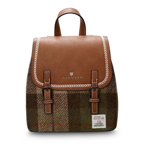 Chestnut tartan Harris Tweed Mini Jura backpack with brown leather flap on white background