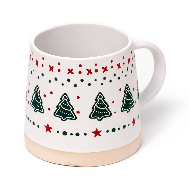 Christmas Tree Tapered Mug with patterned design wrapping around the surface, displayed on a white background.