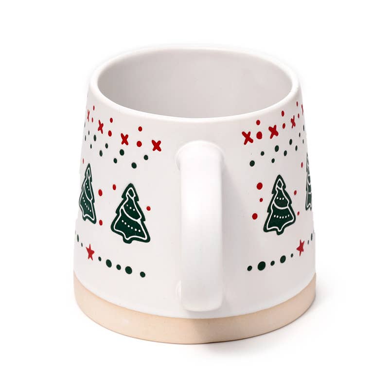 Christmas Tree Tapered Stoneware Mug with festive green tree and red star pattern, shown from the back with handle visible.