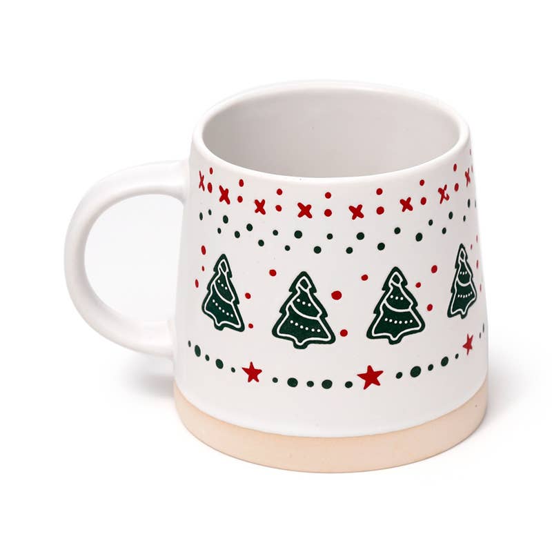 Front view of Christmas Tree Tapered Stoneware Mug featuring holiday tree and star design on white ceramic background.