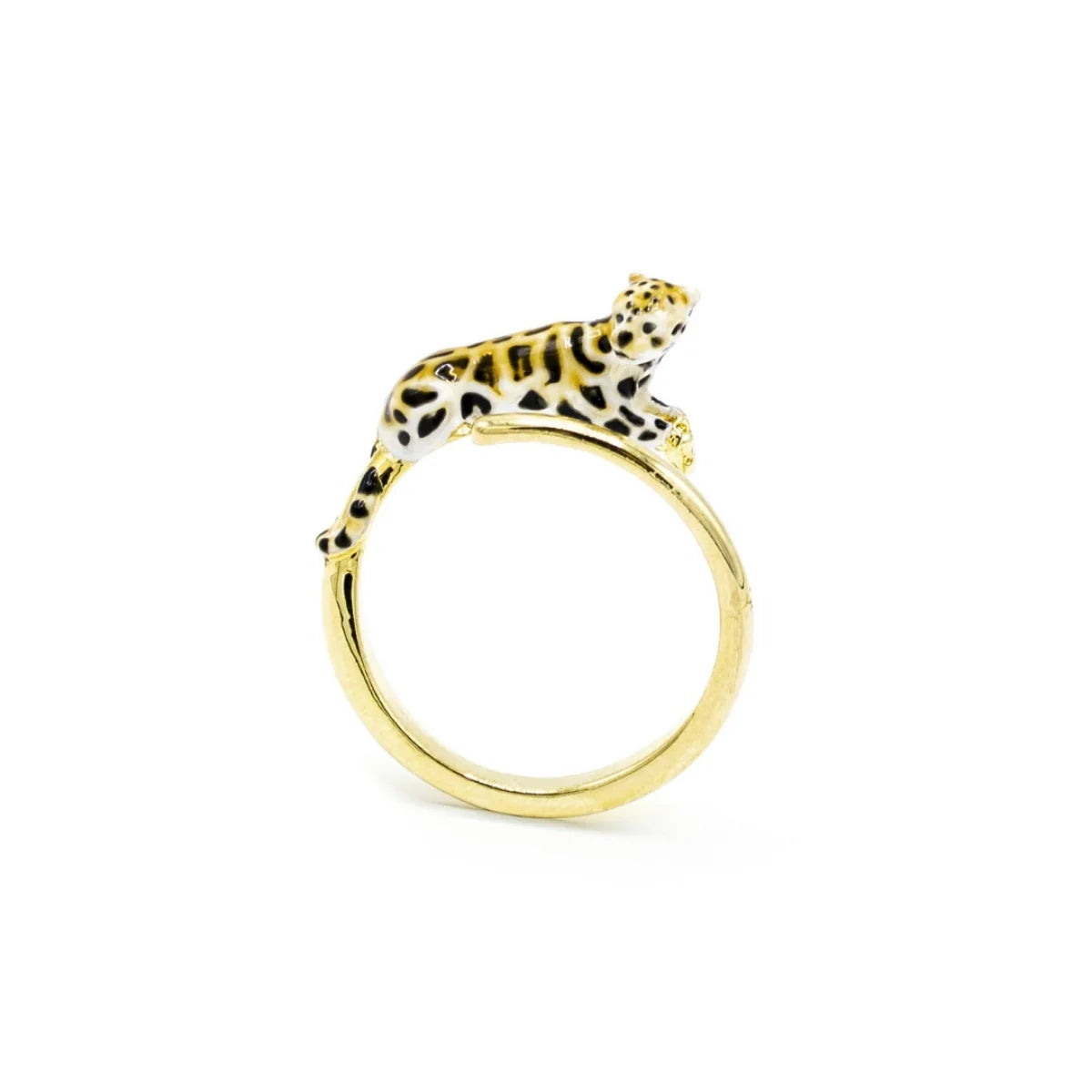 Side view of Bill Skinner’s Clouded Leopard Open Ring showing enamel details on the leopard.