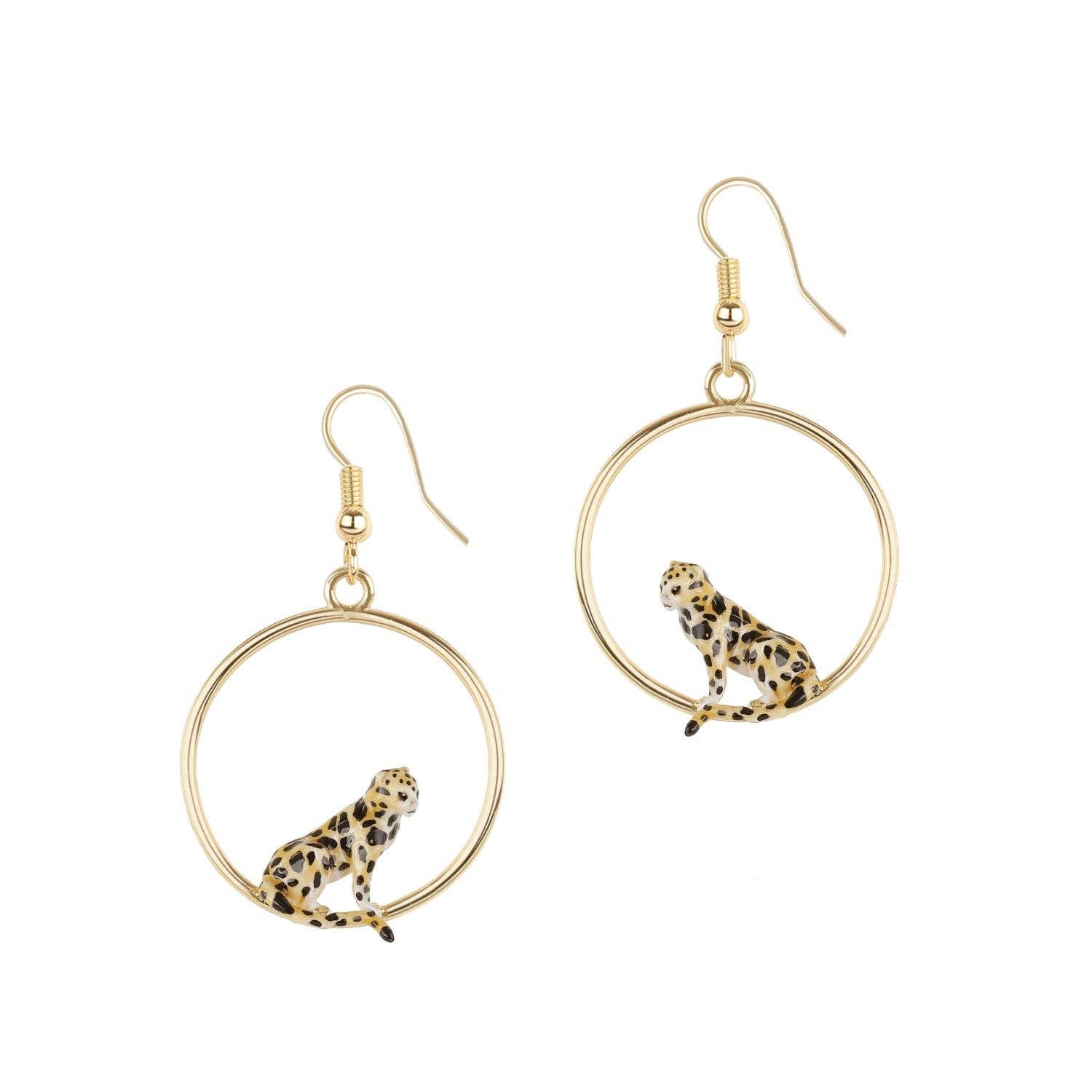 Pair of Clouded Leopard Front Facing Hoop Earrings by Bill Skinner with hand-painted enamel leopards on gold hoops.