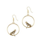 Pair of Clouded Leopard Front Facing Hoop Earrings by Bill Skinner with hand-painted enamel leopards on gold hoops.