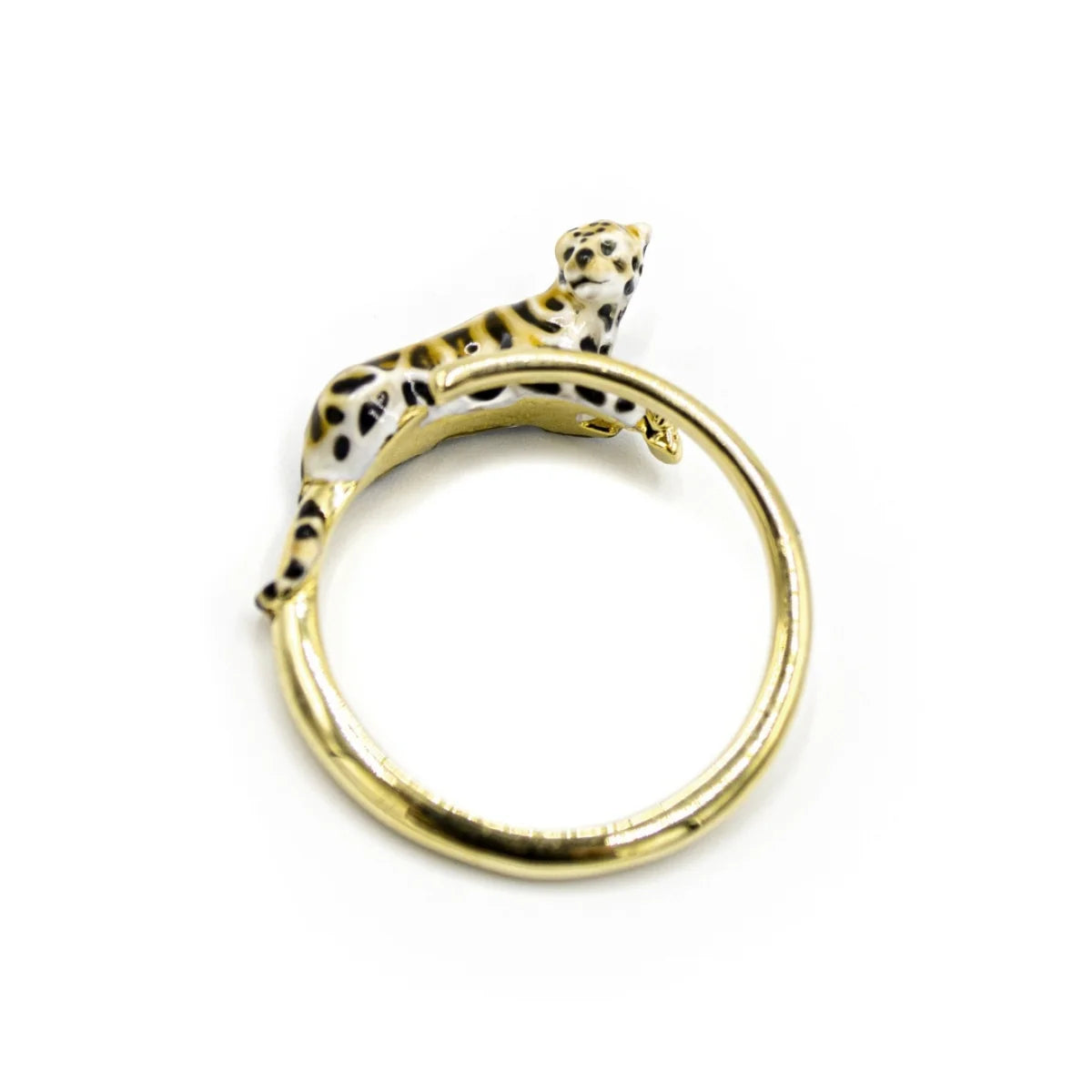 Clouded Leopard Open Ring by Bill Skinner featuring a gold-plated band with a hand-painted leopard design.