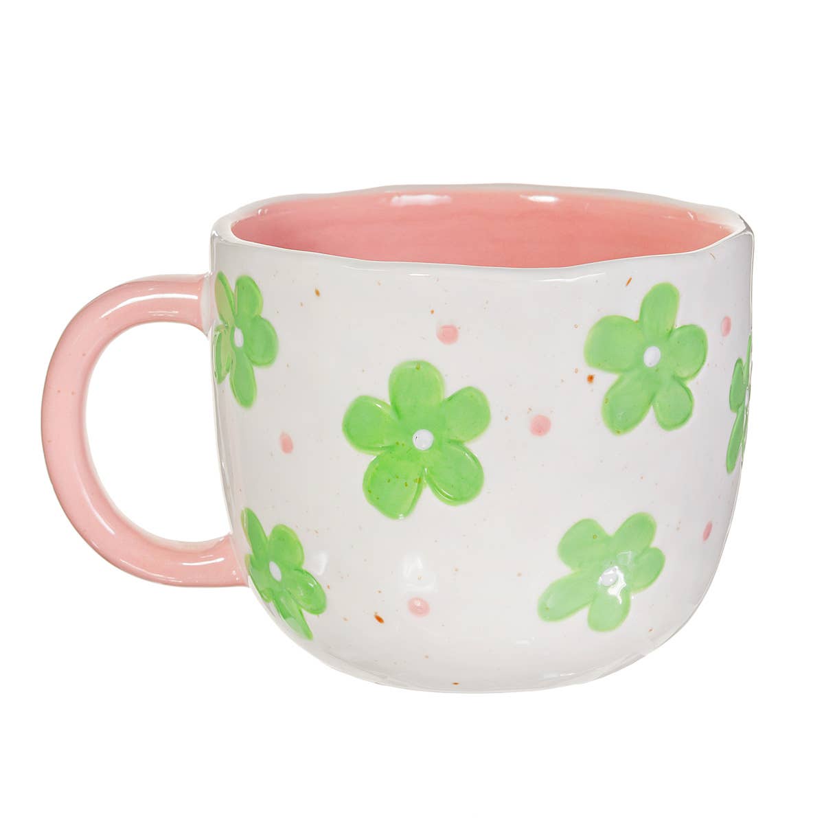 White ceramic mug with green clover pattern pink dots and pink handle