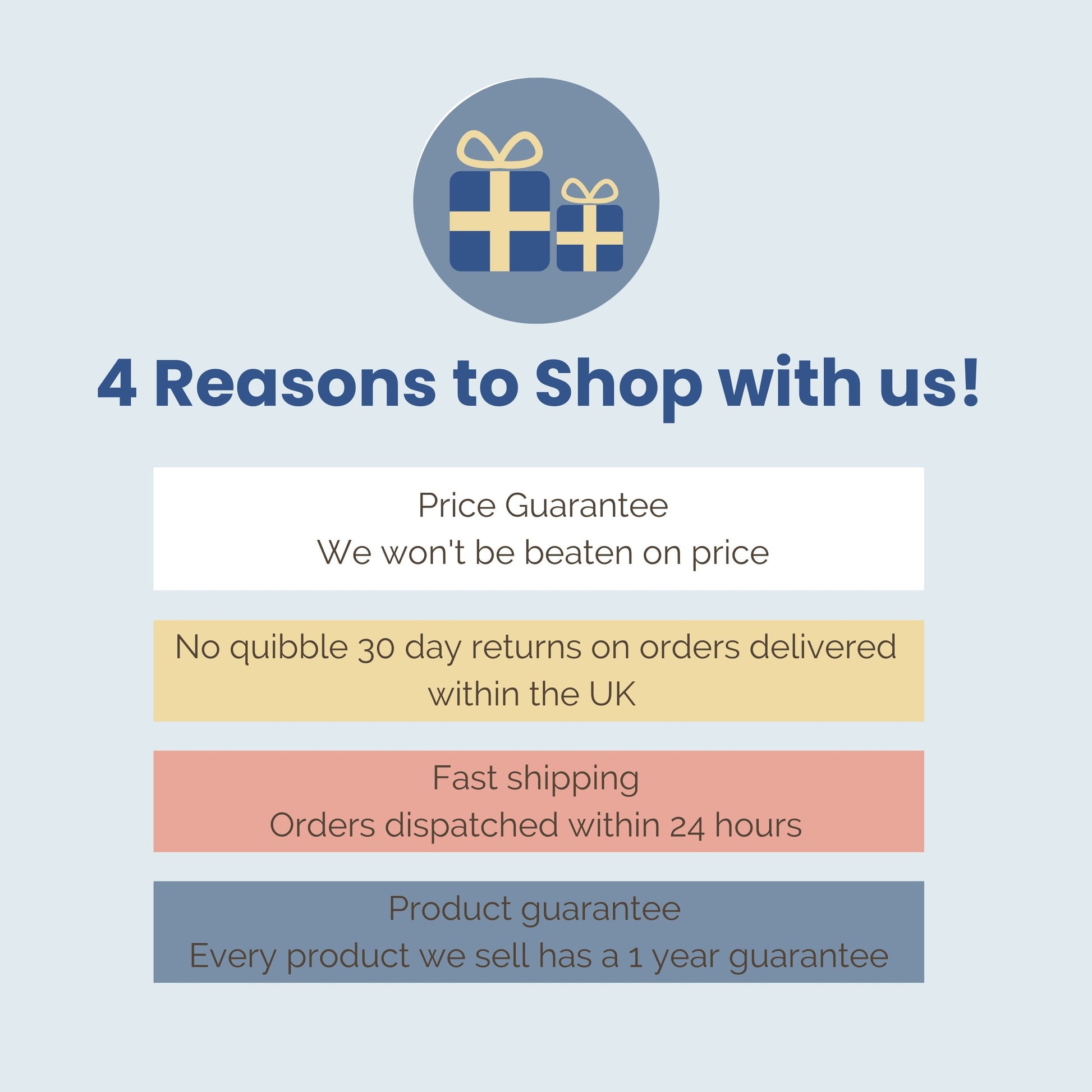 4 Reasons to Shop with Contempo infographic showing price guarantee fast shipping and returns policy