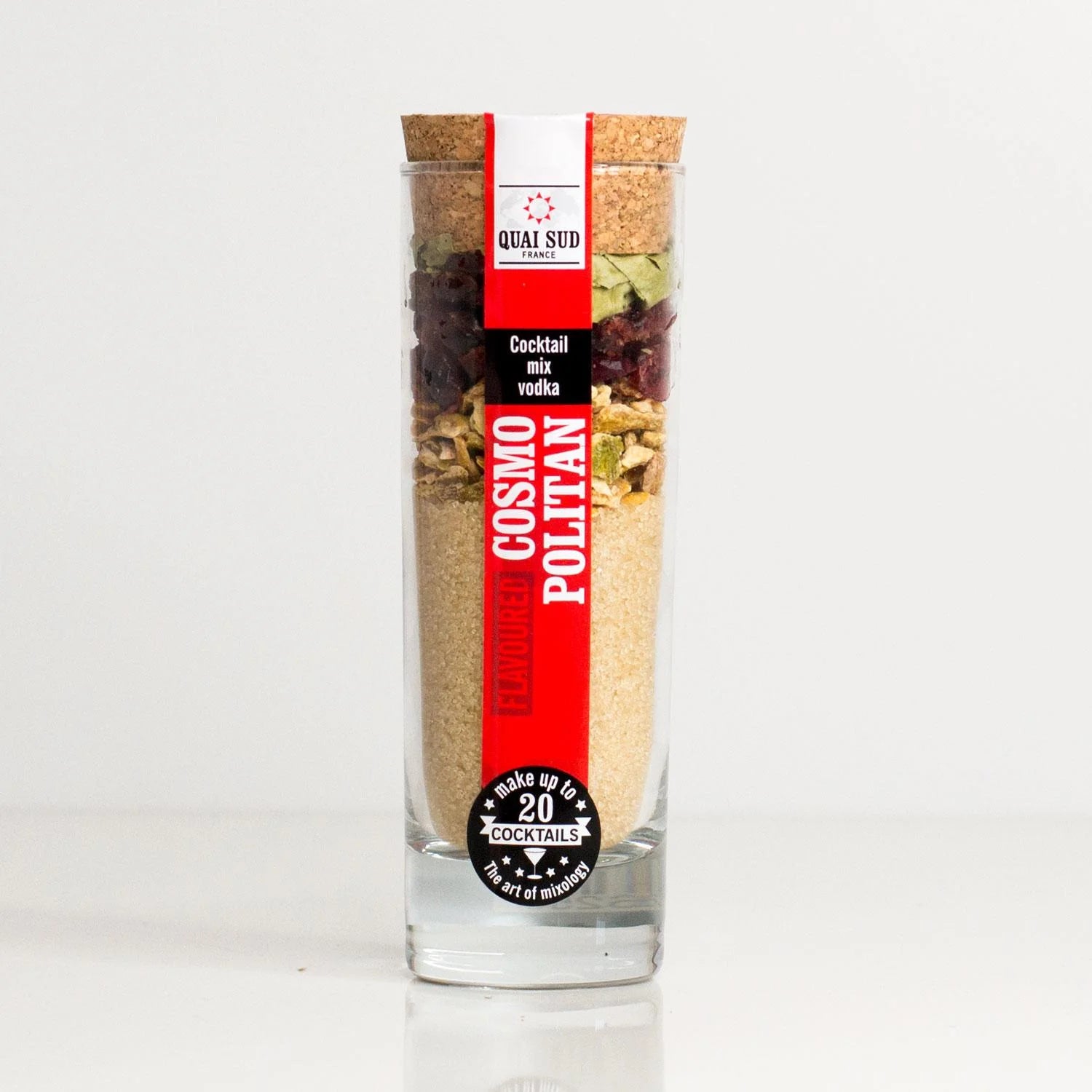 Cosmopolitan Cocktail Mix bottle on white background.