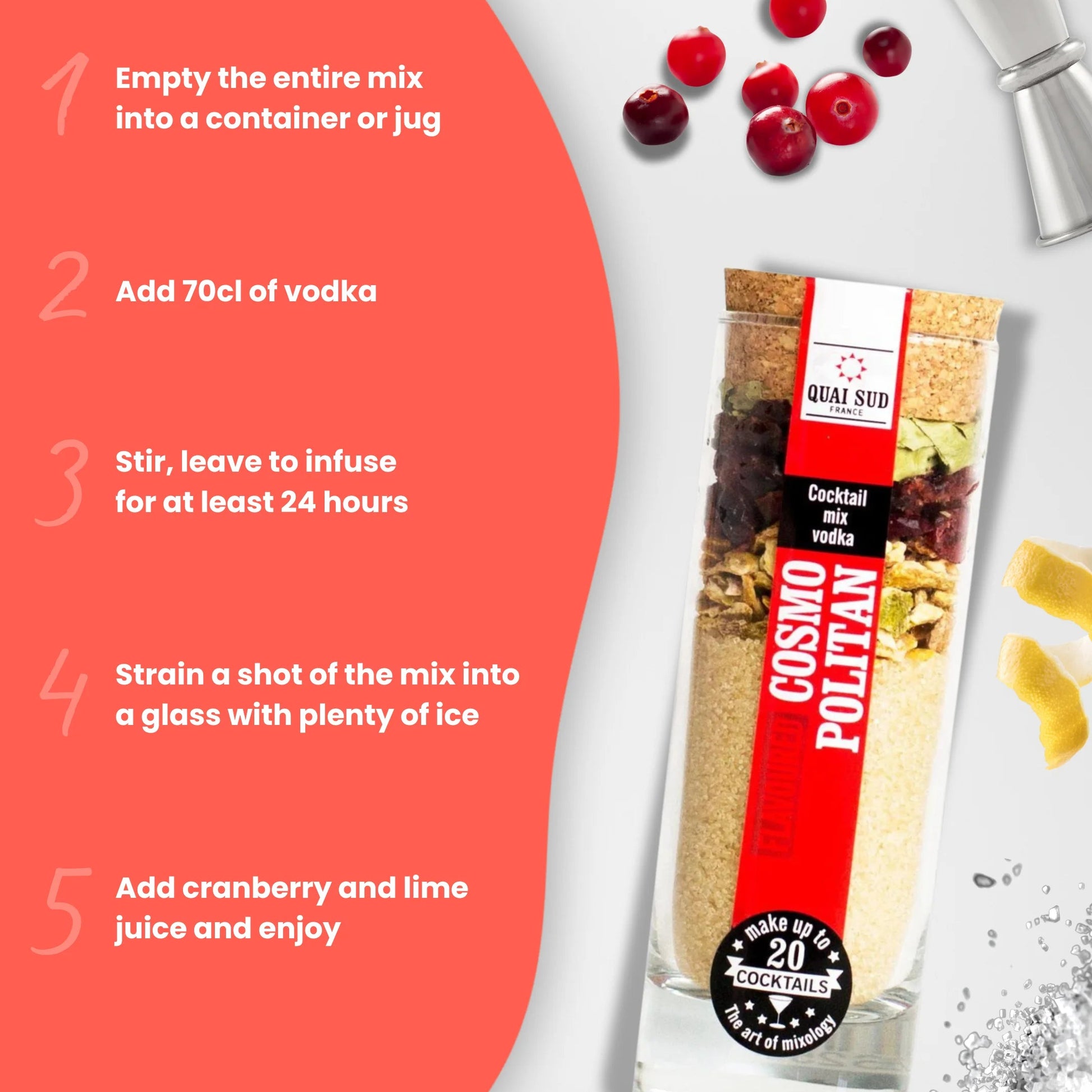 Step-by-step Cosmopolitan Cocktail Mix guide with cranberries and lime.