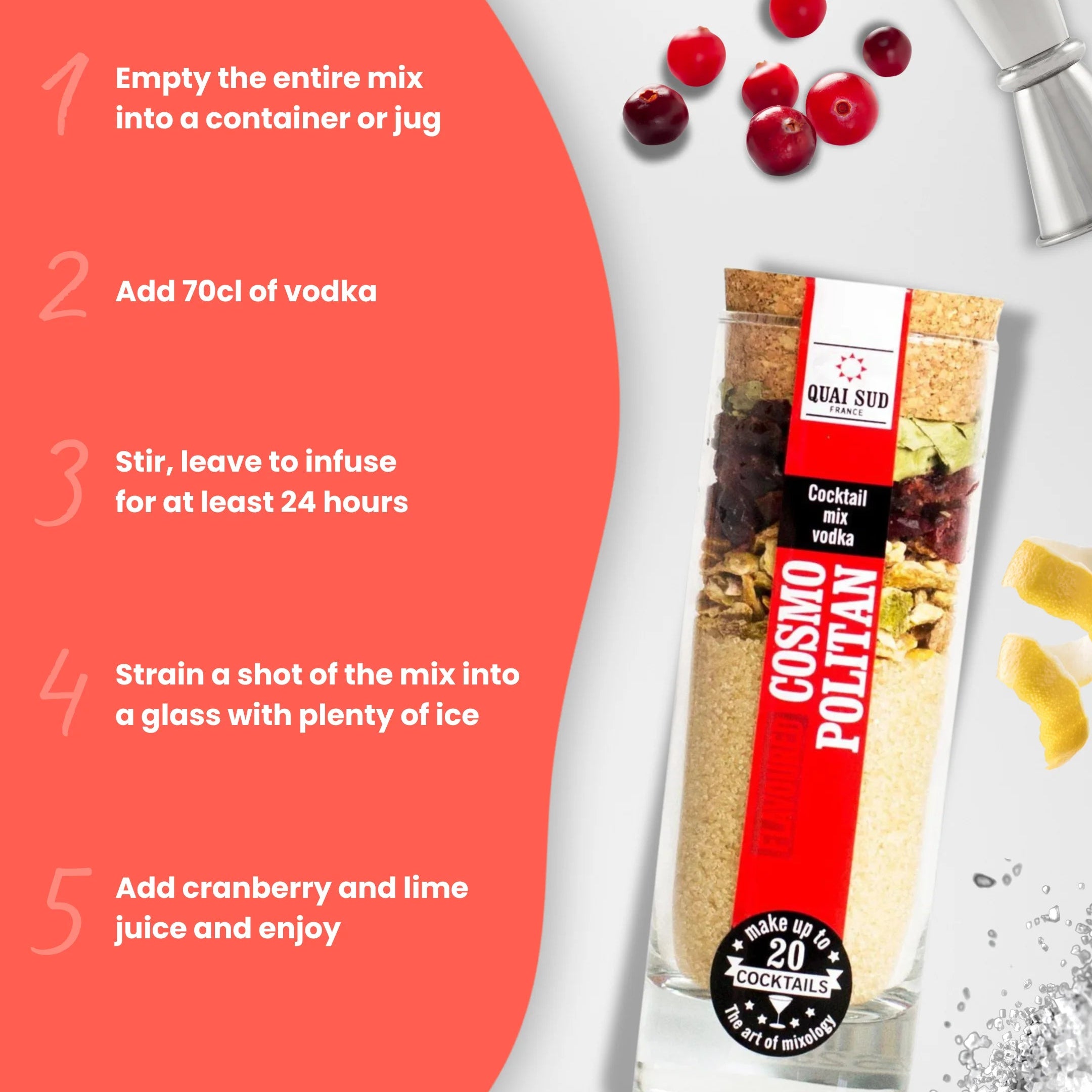 Step-by-step Cosmopolitan Cocktail Mix guide with cranberries and lime.