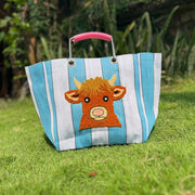 Cow Stripe Market Tote showing hand embroidered Highland cow design