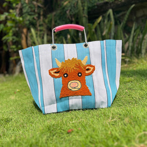 Cow Stripe Market Tote showing hand embroidered Highland cow design