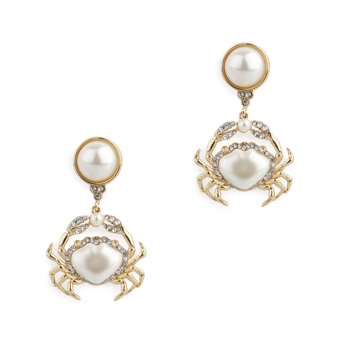 Gold crab drop earrings with pearlised resin and crystals on white background.