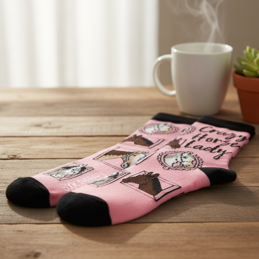 Pink women’s bamboo socks with horse illustrations and “Crazy Horse Lady” text, black heel and toe accents.