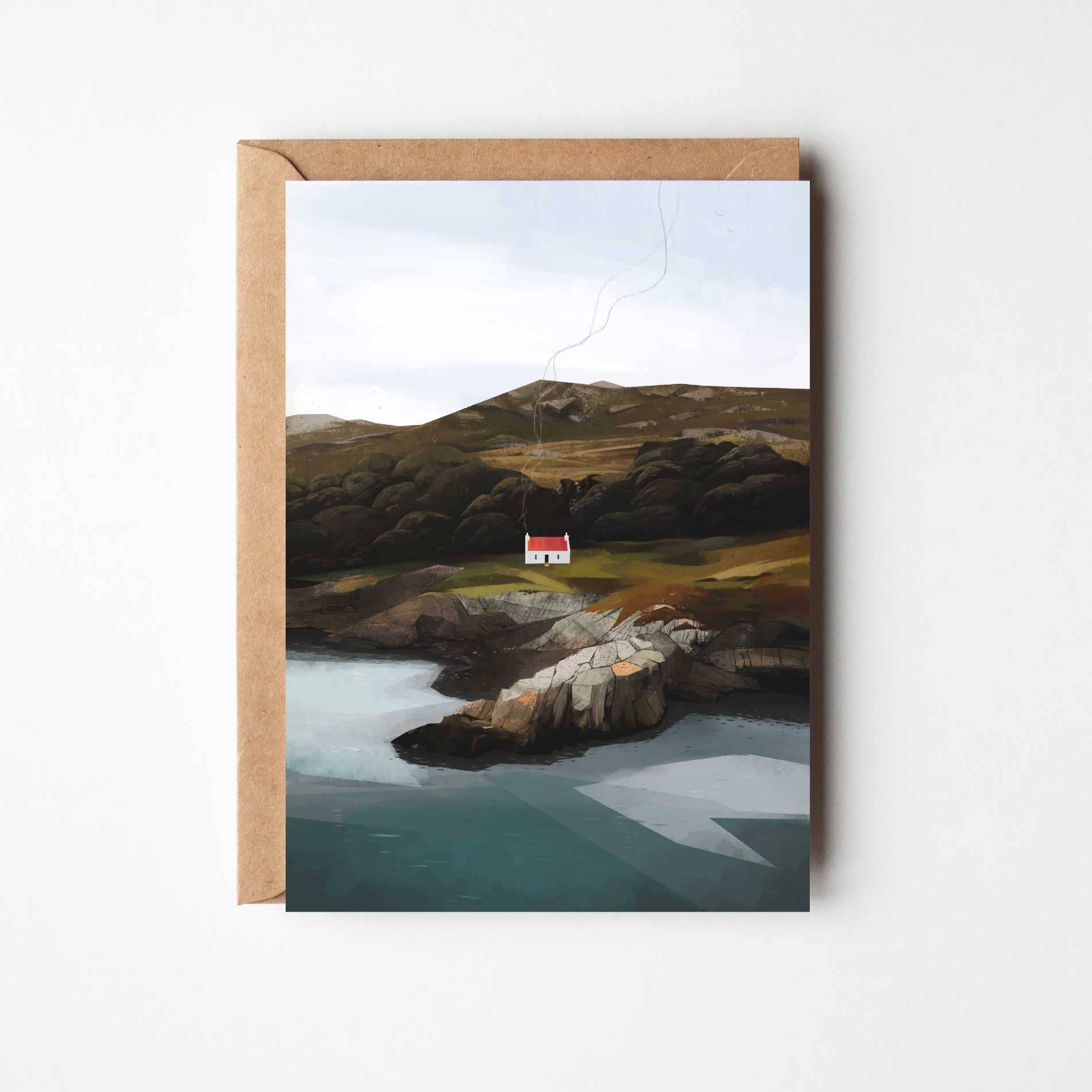Croft Cottage greeting card featuring Sara Willia's Scottish landscape artwork with kraft envelope