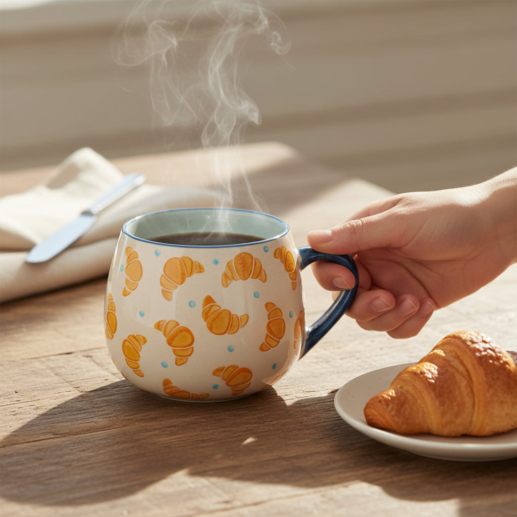 Cream ceramic mug with golden croissant pattern blue dots and dark blue handle
