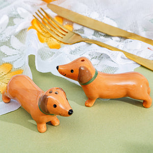 Ceramic dachshund salt and pepper shakers in brown and cream