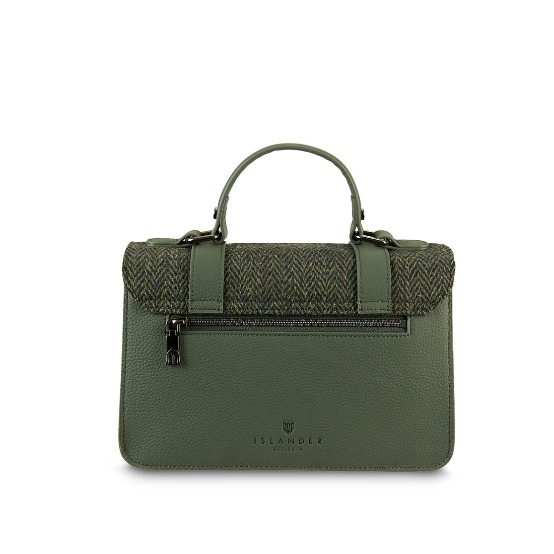 Back view of dark green Harris Tweed medium leather satchel with zip pocket.