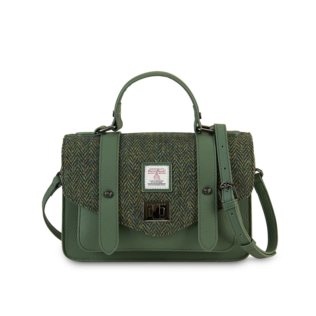 Dark green Harris Tweed medium leather satchel with adjustable shoulder strap.