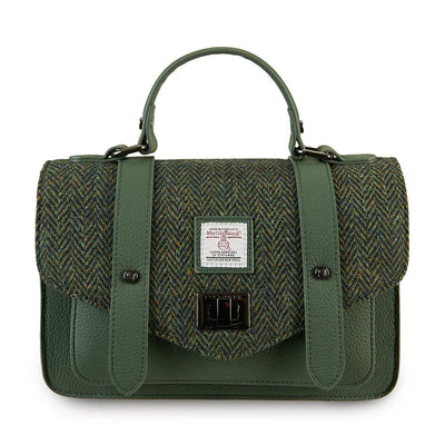 Dark Green Herringbone Harris Tweed Medium Leather Satchel