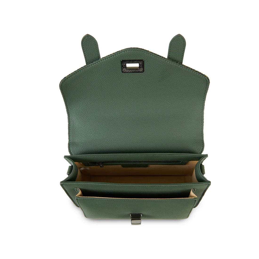Open interior of dark green medium leather satchel showing compartments.