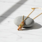 Cosy Owl Gold Chain Necklace featuring hand-painted owl pendant with green scarf on gold chain