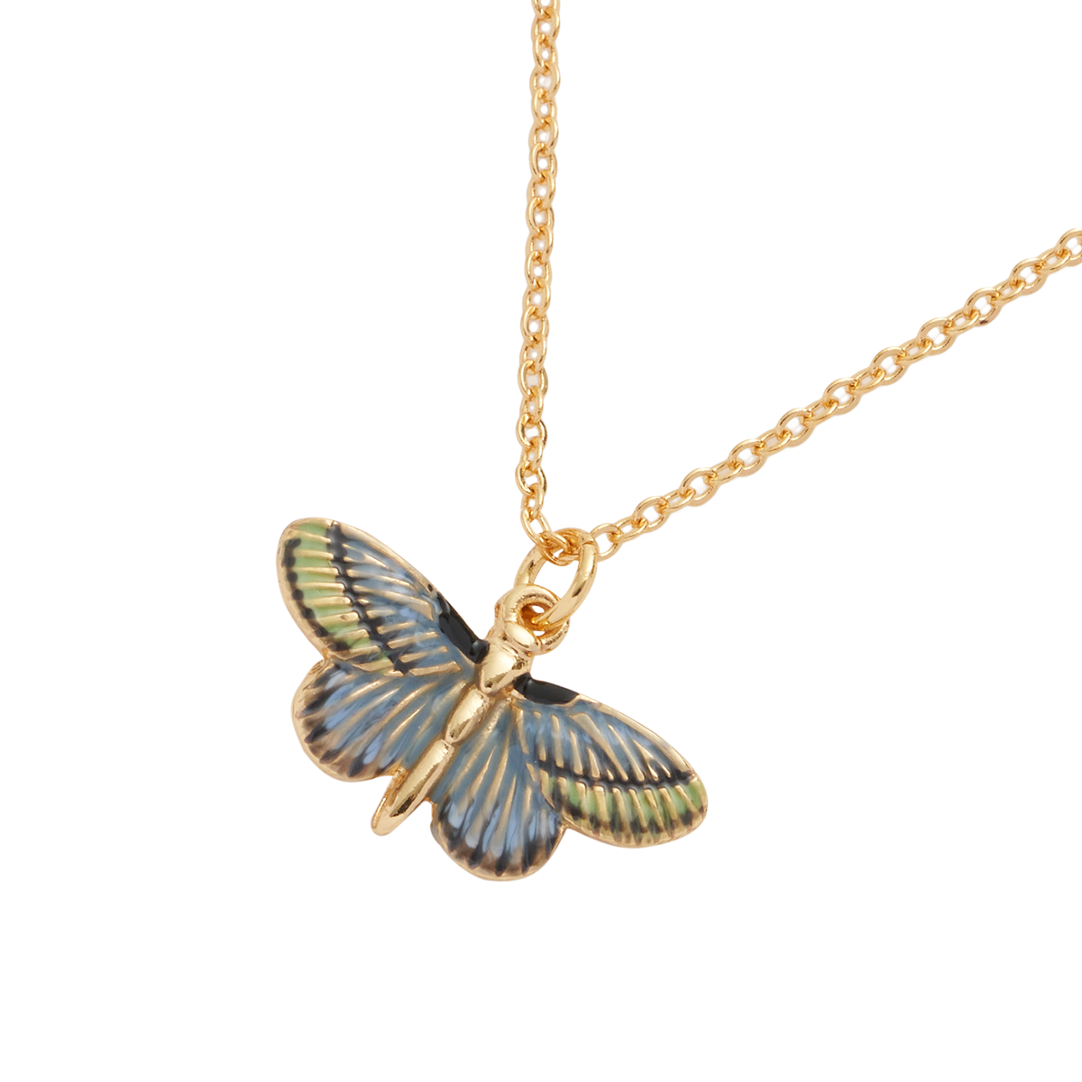 Deco Butterfly Blue Necklace close-up showing hand-painted blue enamel pendant on gold chain