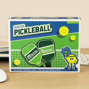 Desktop Pickleball gift set box with paddles and yellow ball design