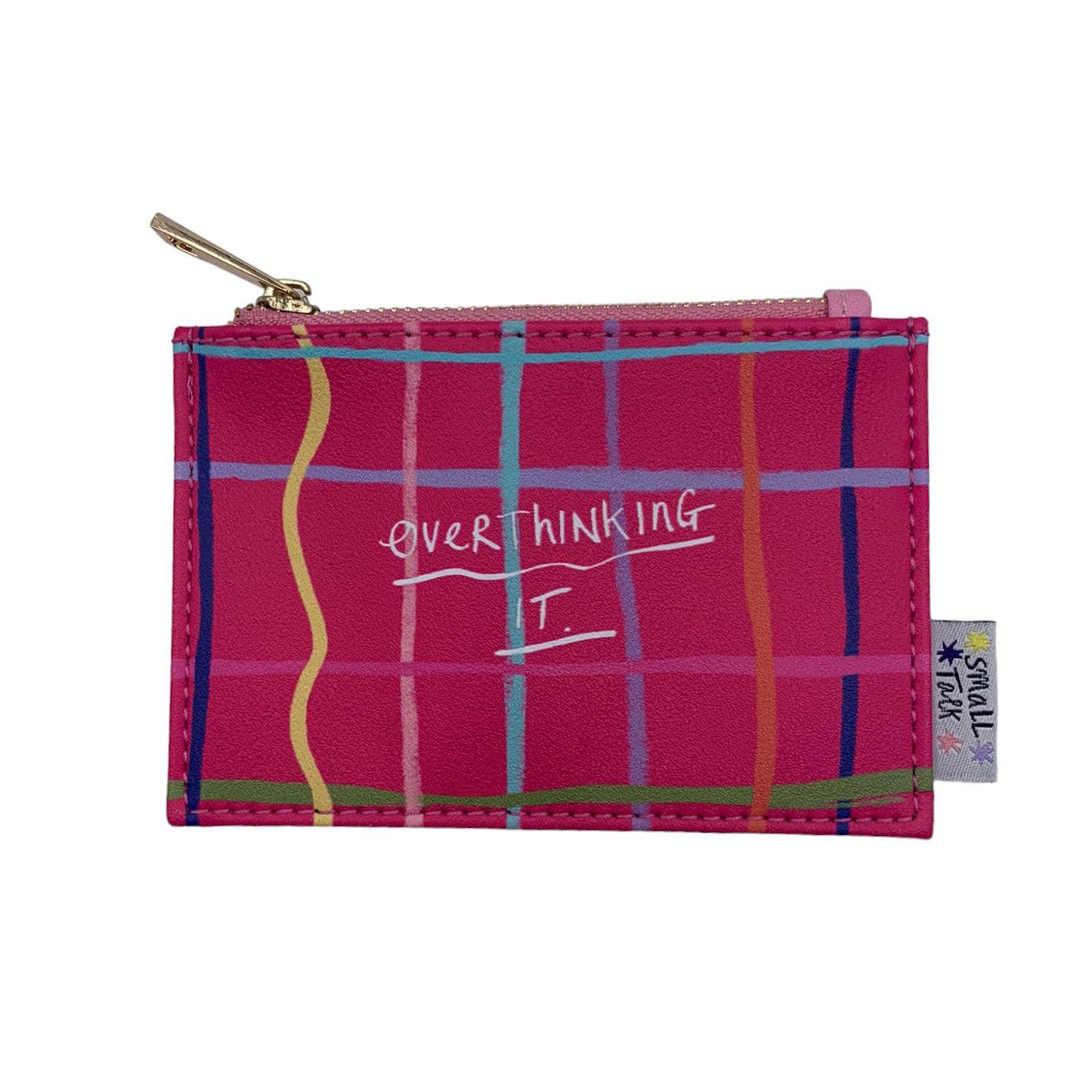 Overthinking It pink plaid zip purse with gold zip - front view on white background