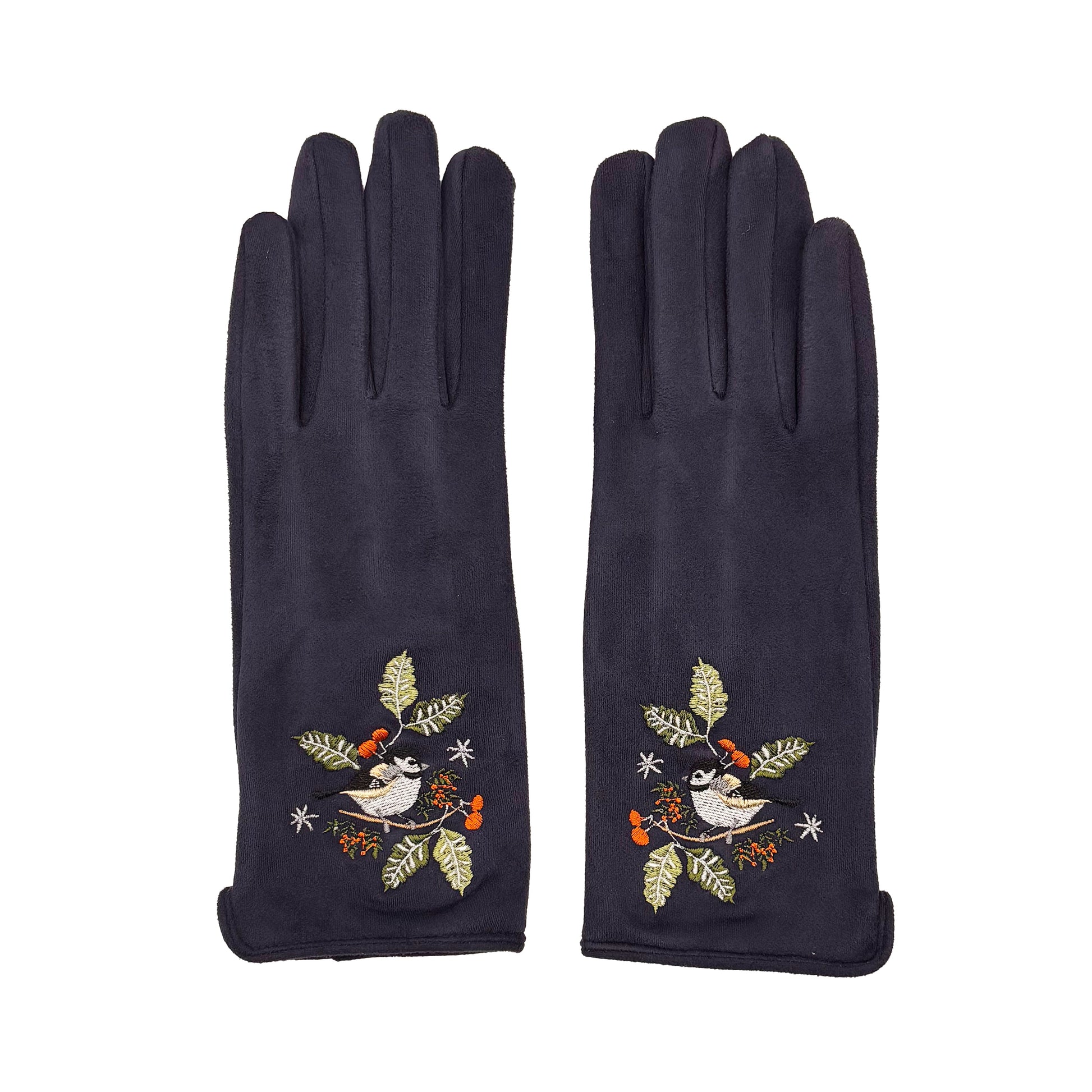 Single navy bird glove angled showing embroidery on pink background
