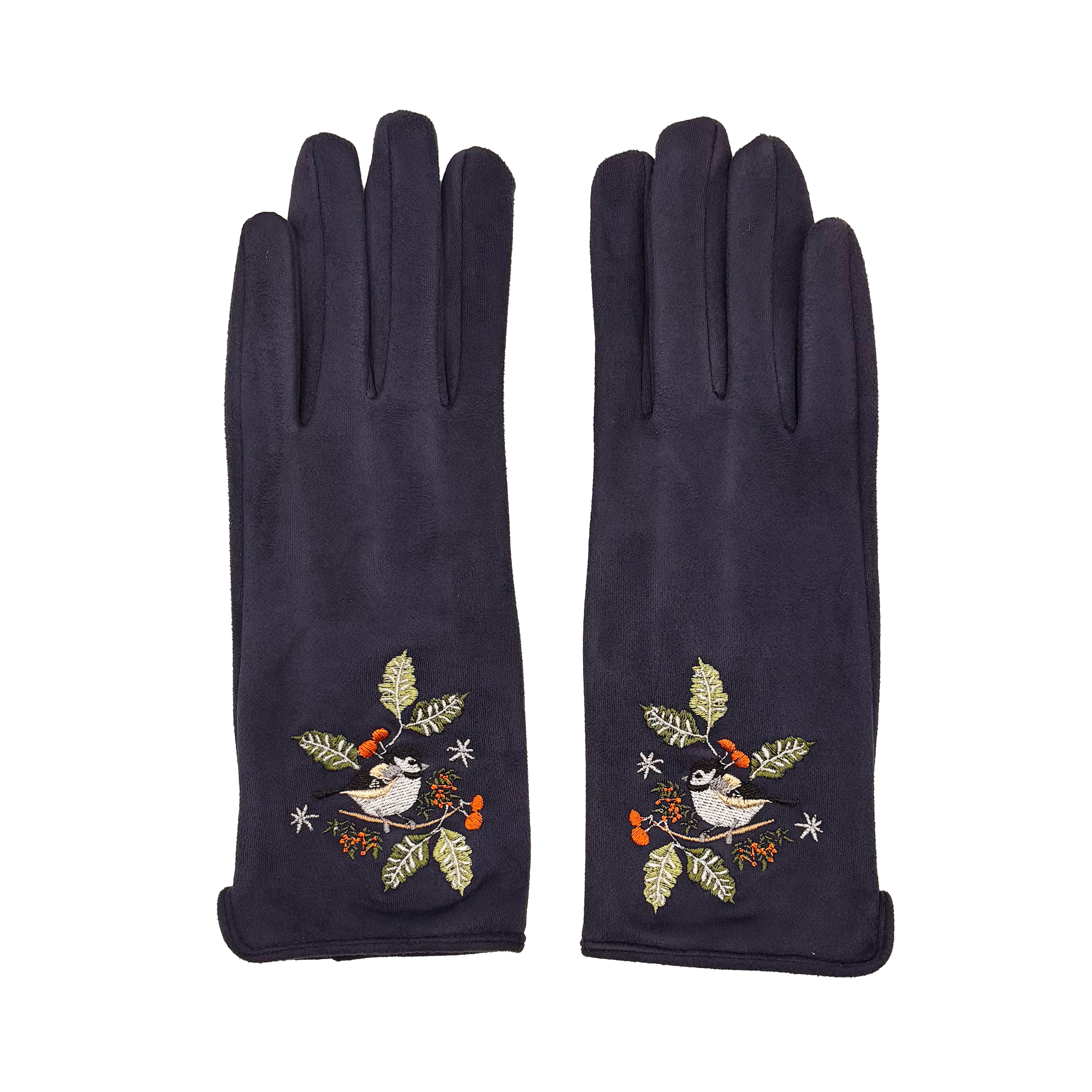 Single navy bird glove angled showing embroidery on pink background