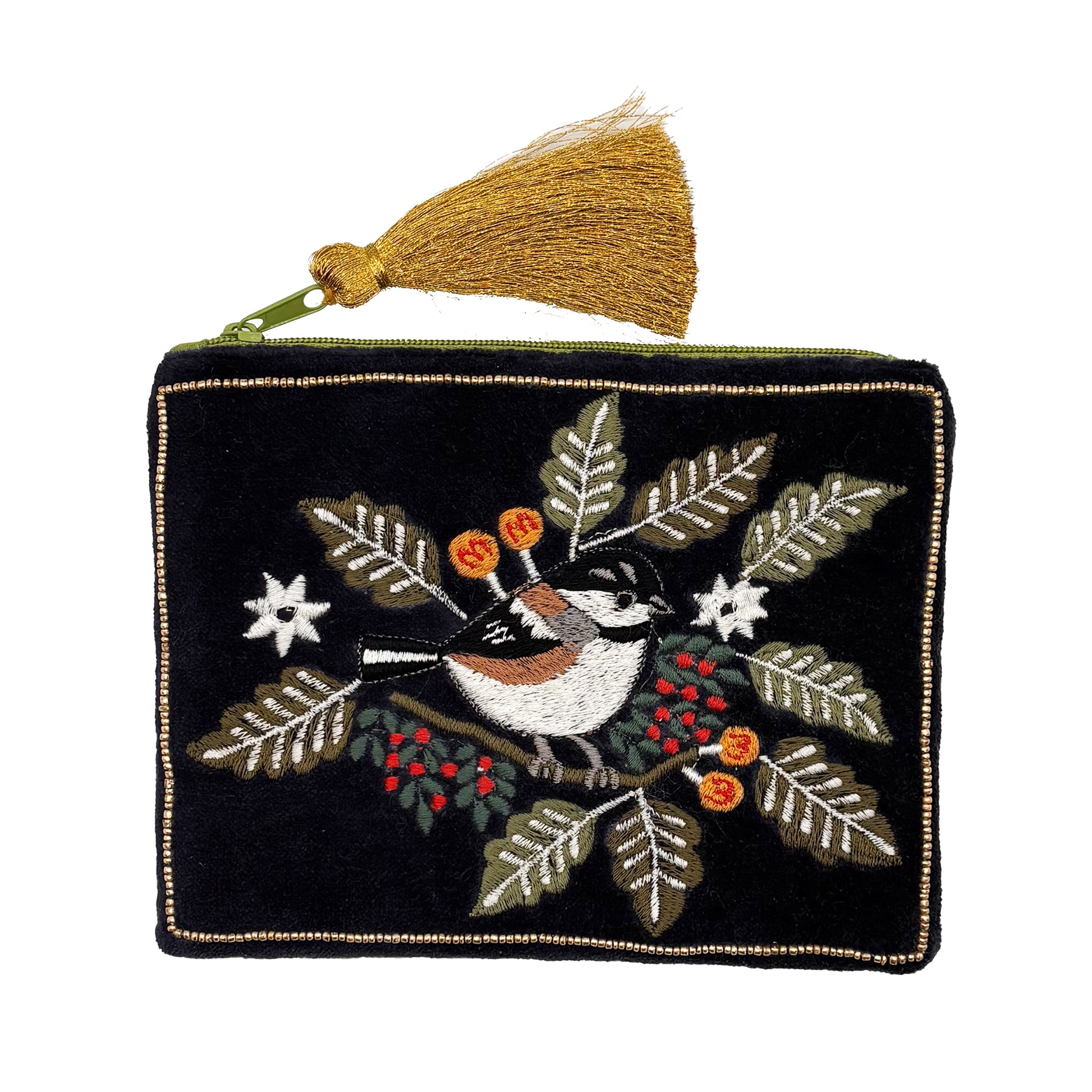 Navy velvet bird pouch flat showing full embroidered design on white background