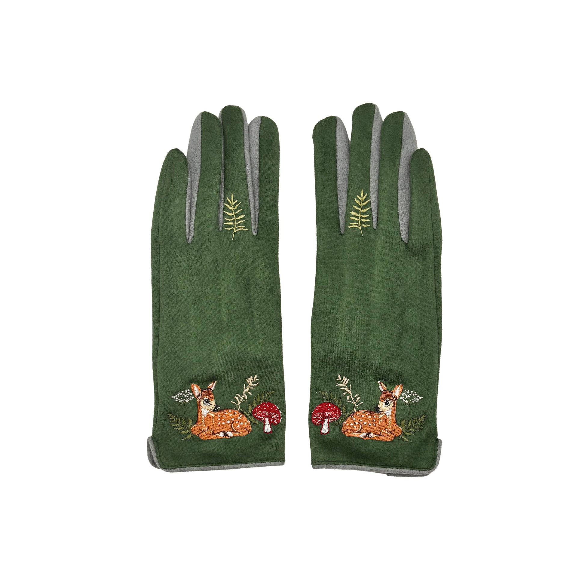 Green deer gloves pair front view on white background