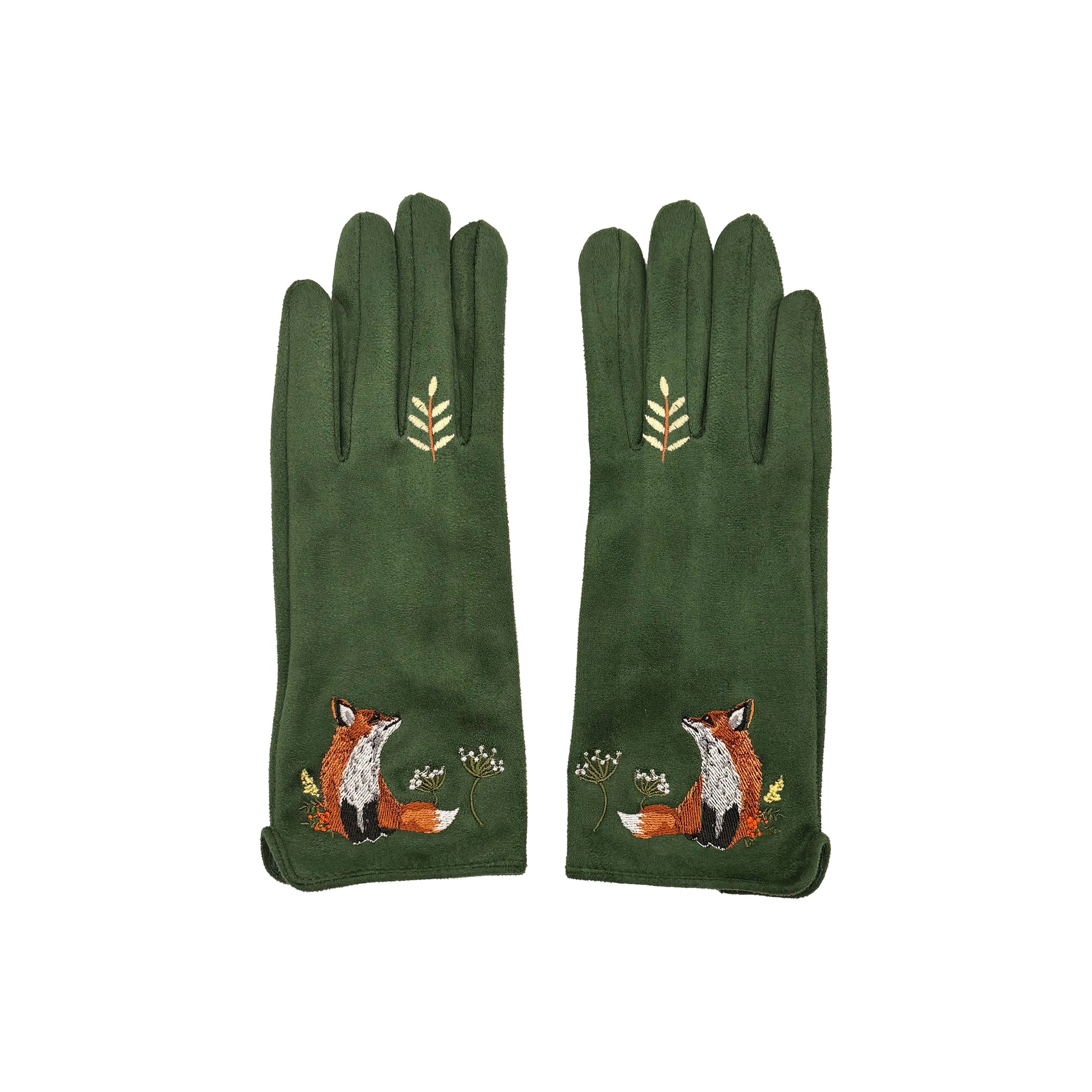 Embroidered fox gloves shown as a pair from the back on white background