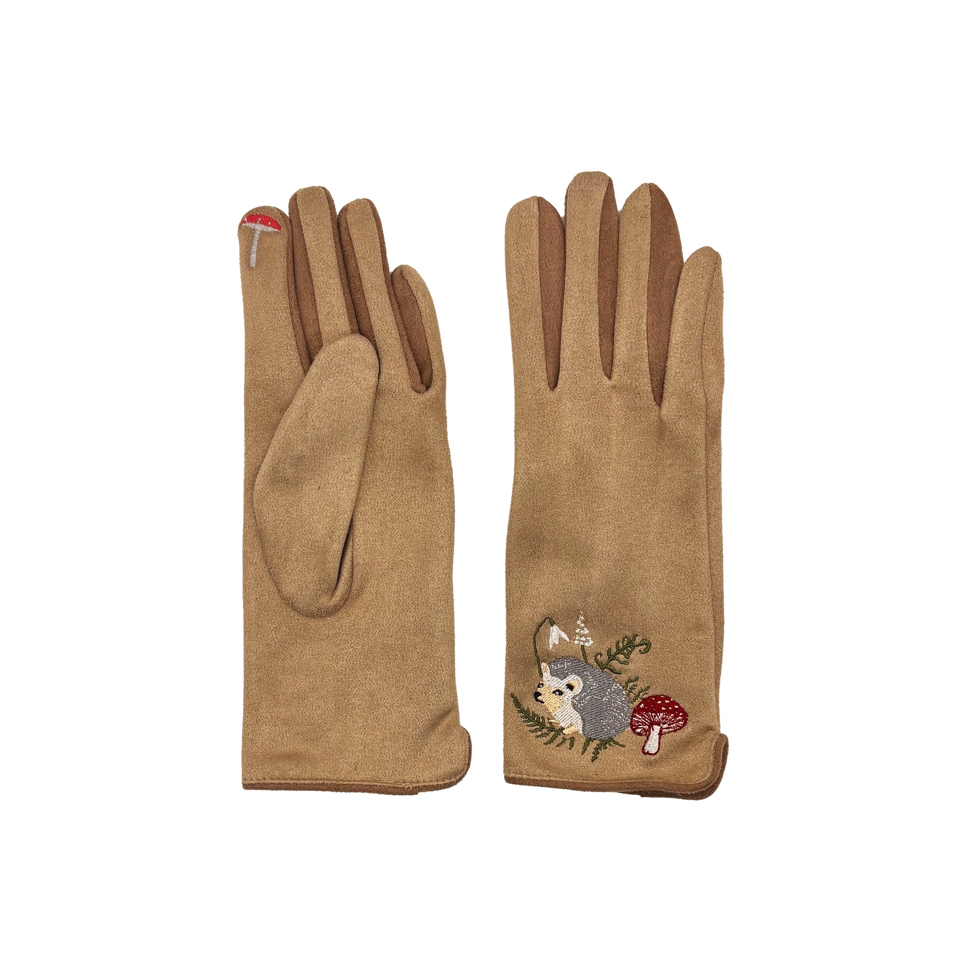 Beige hedgehog gloves pair showing front view on white background