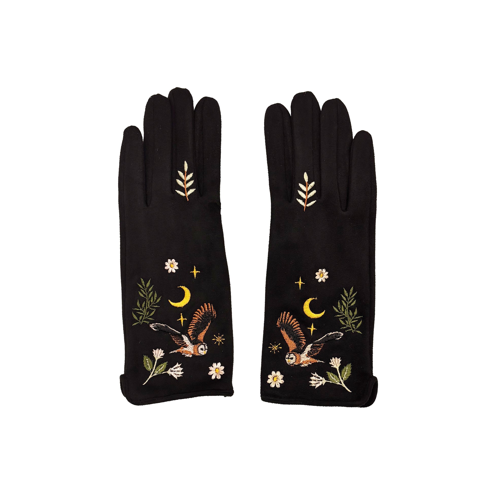 Black owl gloves pair front view on white background
