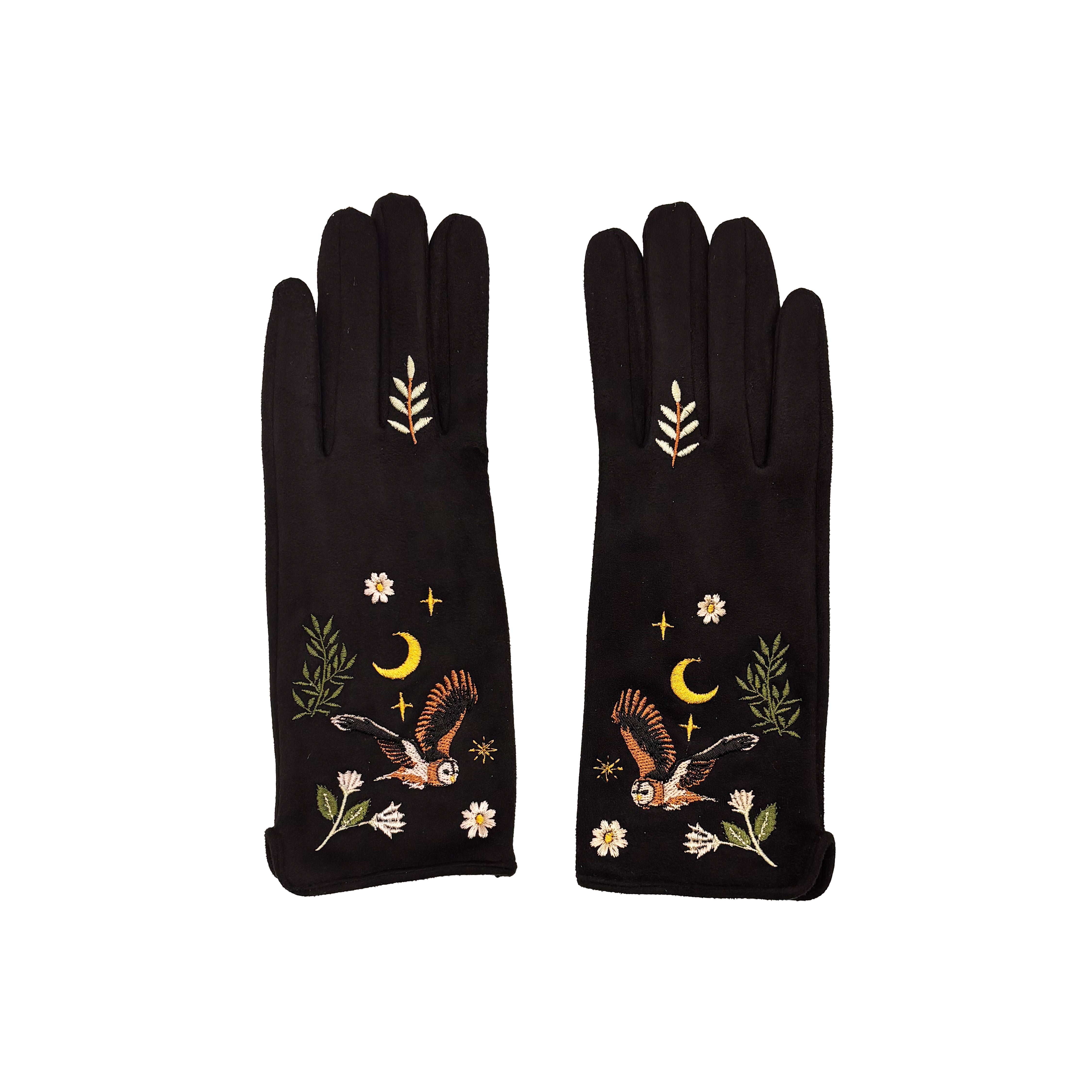 Black owl gloves pair front view on white background