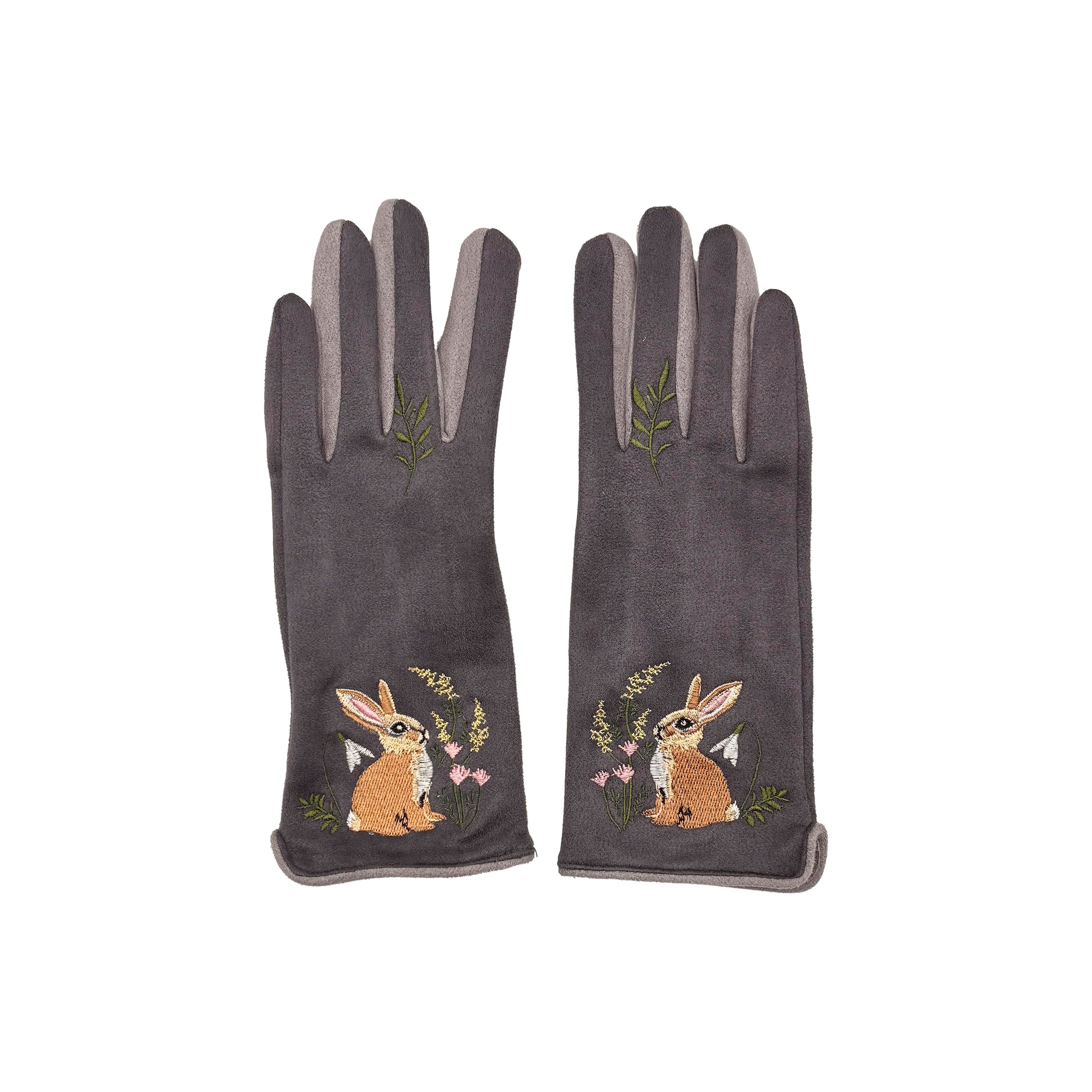 Grey rabbit gloves pair showing front embroidery on white background