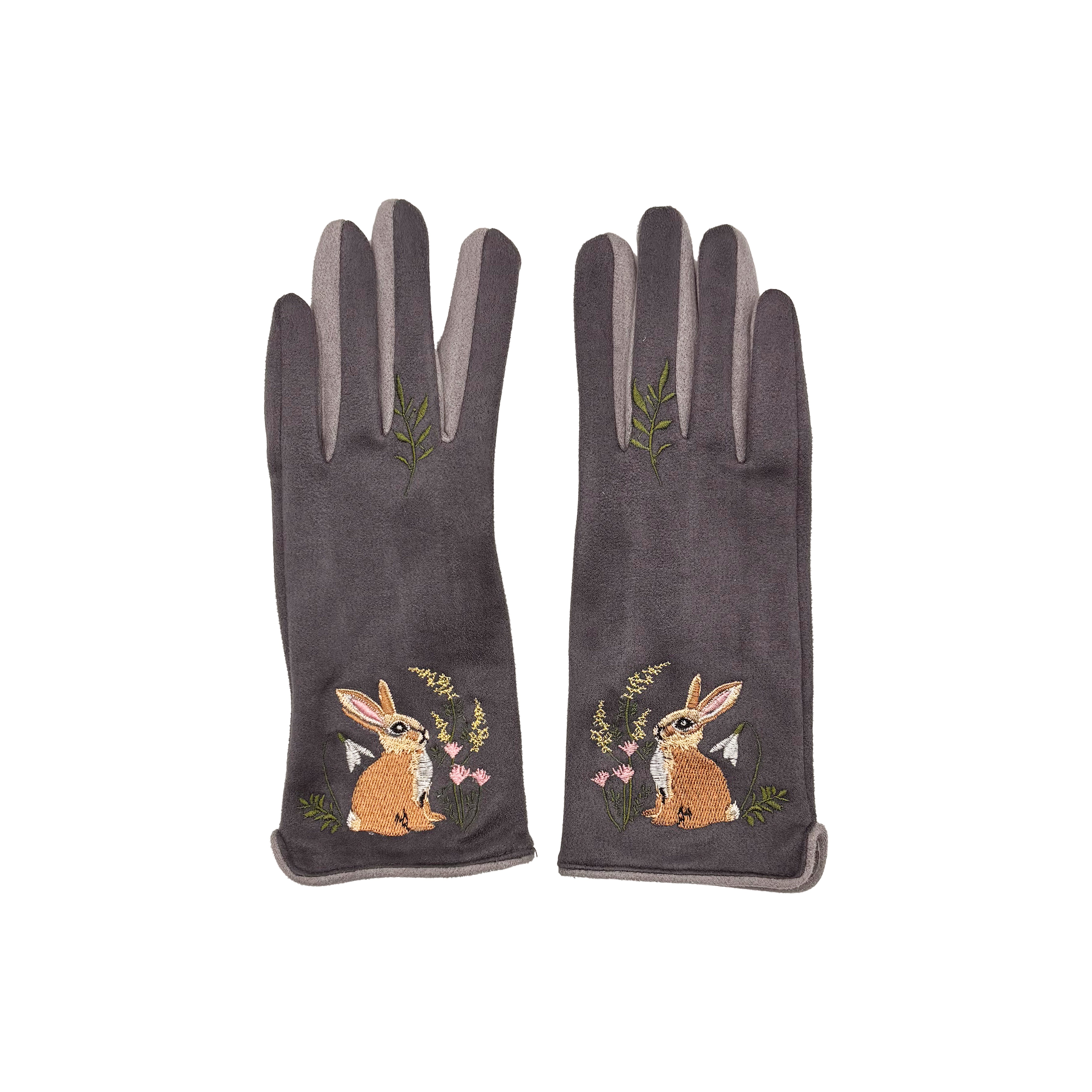 Grey rabbit gloves pair showing front embroidery on white background