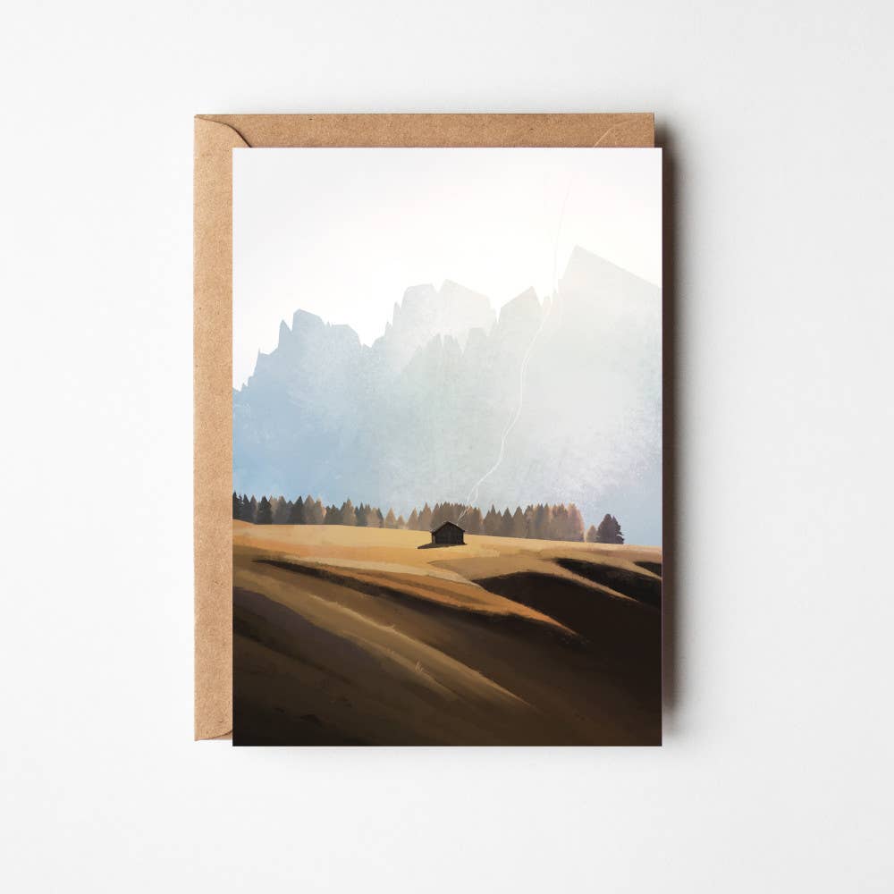 Dolomiti Riposo greeting card featuring Sara Willia's Italian Dolomites landscape artwork with kraft envelope