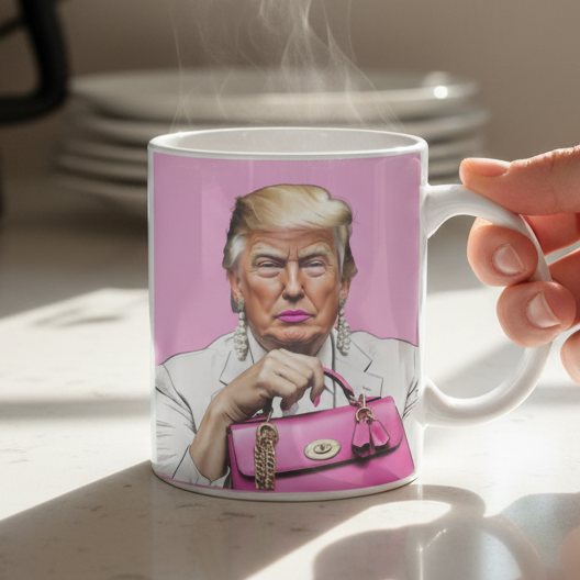 Donald Trump novelty mug featuring illustrated portrait holding a pink handbag on a pastel background.