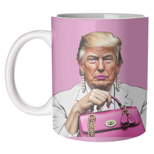 Donald Trump novelty mug featuring illustrated portrait holding a pink handbag on a pastel background.